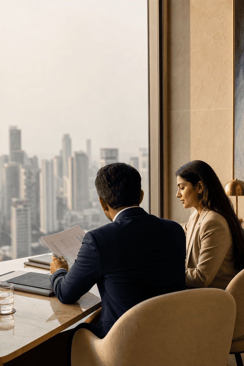 Professionals reviewing financial documents in a contemporary office