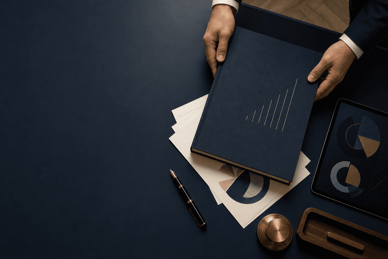 Financial documents and professional tools arranged on a desk